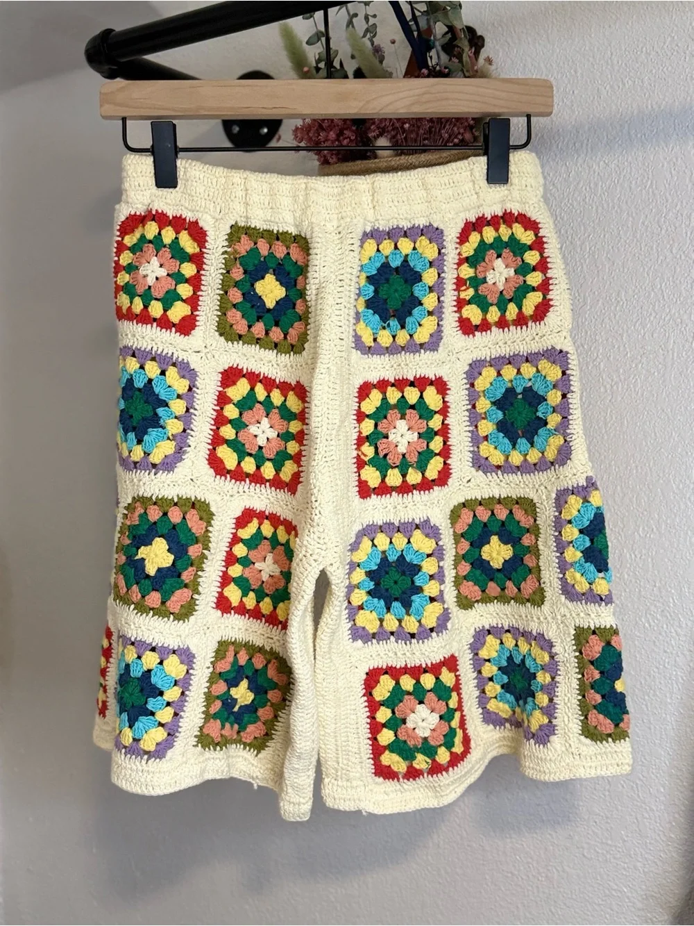 Free People x Flook Crocheted Granny Square Long Shorts Artisan Made Bali
